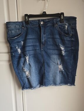 Distressed Dark Blue Denim Skirt